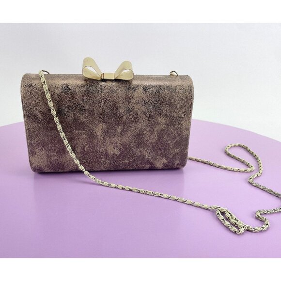 Vintage 80s hard shell clutch, gold tone purse, cross body, formal accessory - Picture 1 of 10